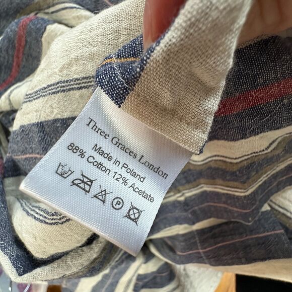 Three Graces London Ferrer Tan Blue Red Stripe Short Cuff Sleeve V-Neck Dress 10 - Picture 12 of 16